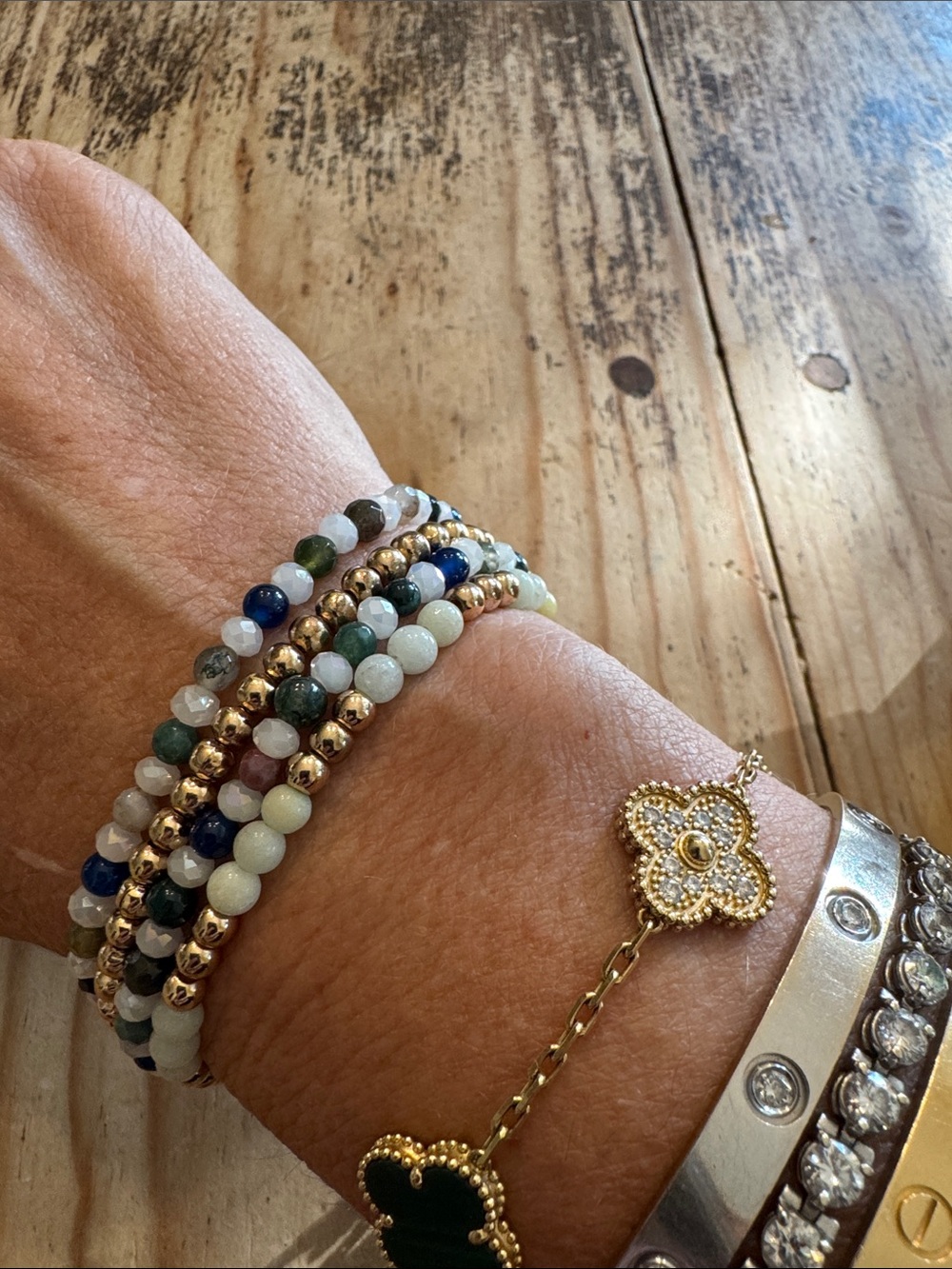Mixed Gem Bead Stretch Bracelet Set for stacking- Gold & Multicolor